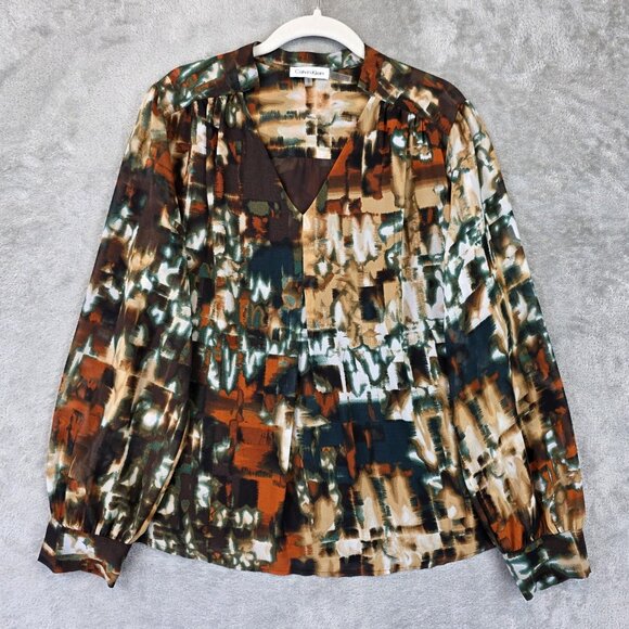 Calvin Klein Blouse Womens Medium Abstract Print Brown Green Long Sleeve Top - Picture 1 of 11